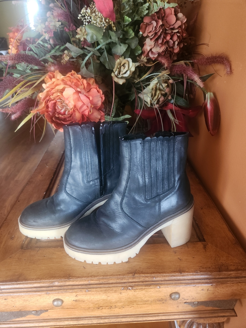 Free People Black Leather Chunky-Heel Ankle Boots with Cream Sole